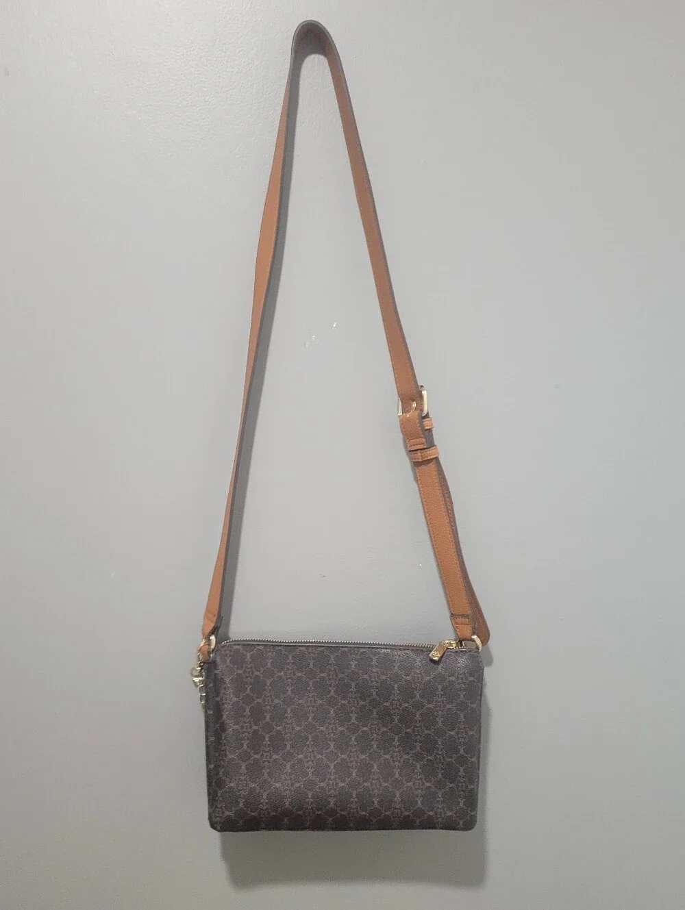 Nanette Lepore Brown and Tan Monogram Crossbody with Gold Chain Accent 10x7